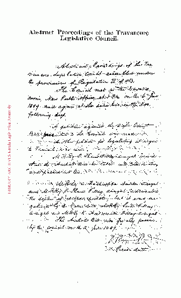 1898 ല്‍ ശ്രീമൂലം അസംബ്ലിയില്‍ അഞ്ചല്‍ ബില്‍ പാസാക്കിയത് സംബന്ധിച്ച രേഖ. (നിയമസഭ ആര്‍ക്കൈവില്‍ നിന്ന്) 