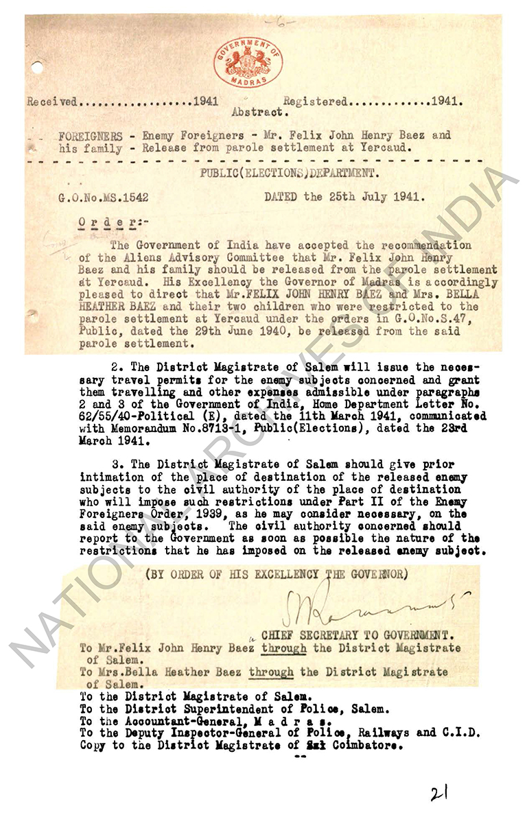 ഫെലിക്സിനെയും കുടുംബത്തെയും സ്വതന്ത്രമായി ജീവിക്കാൻ അനുവദിച്ച് മദ്രാസ് ചീഫ്സെക്രട്ടറിയുടെ ഉത്തരവ്